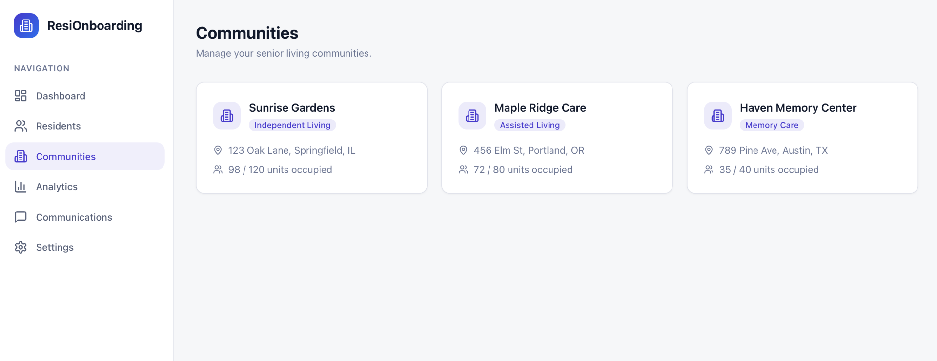 Communities management view